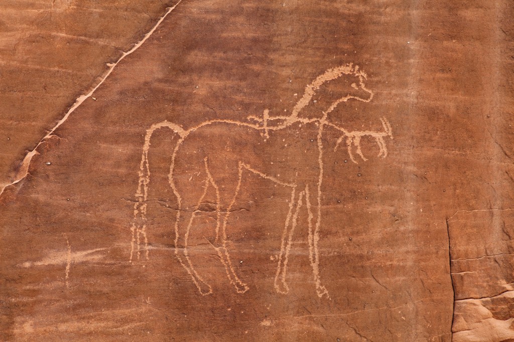 Horse at Jabala I, showing features of the Arabian breed.  In this case, based on a slightly lighter patina, the diminutive rider and ibex appear to have been added later.